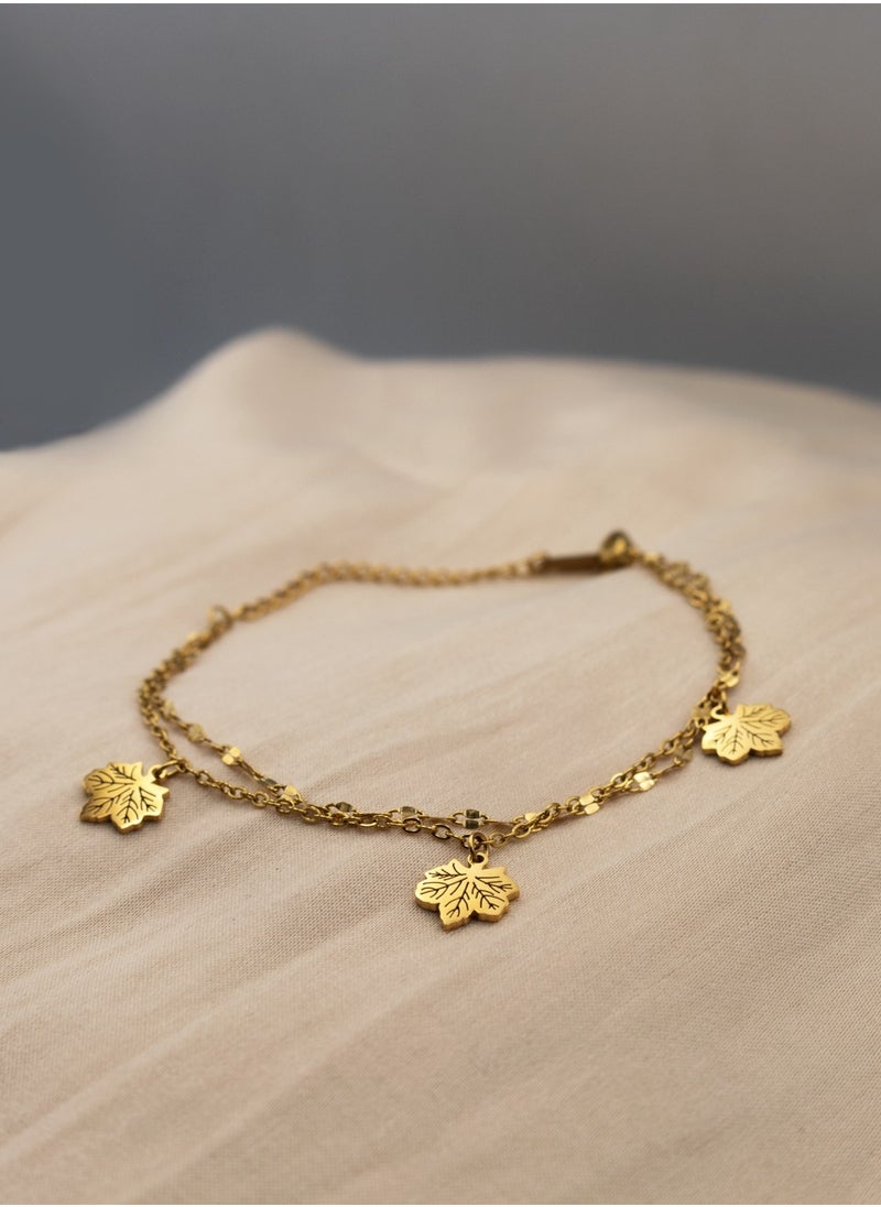 mjuhurat - Golden Maple Leaf Charm Bracelet – Double Chain, Gold-Plated, Adjustable Fit - Image 1