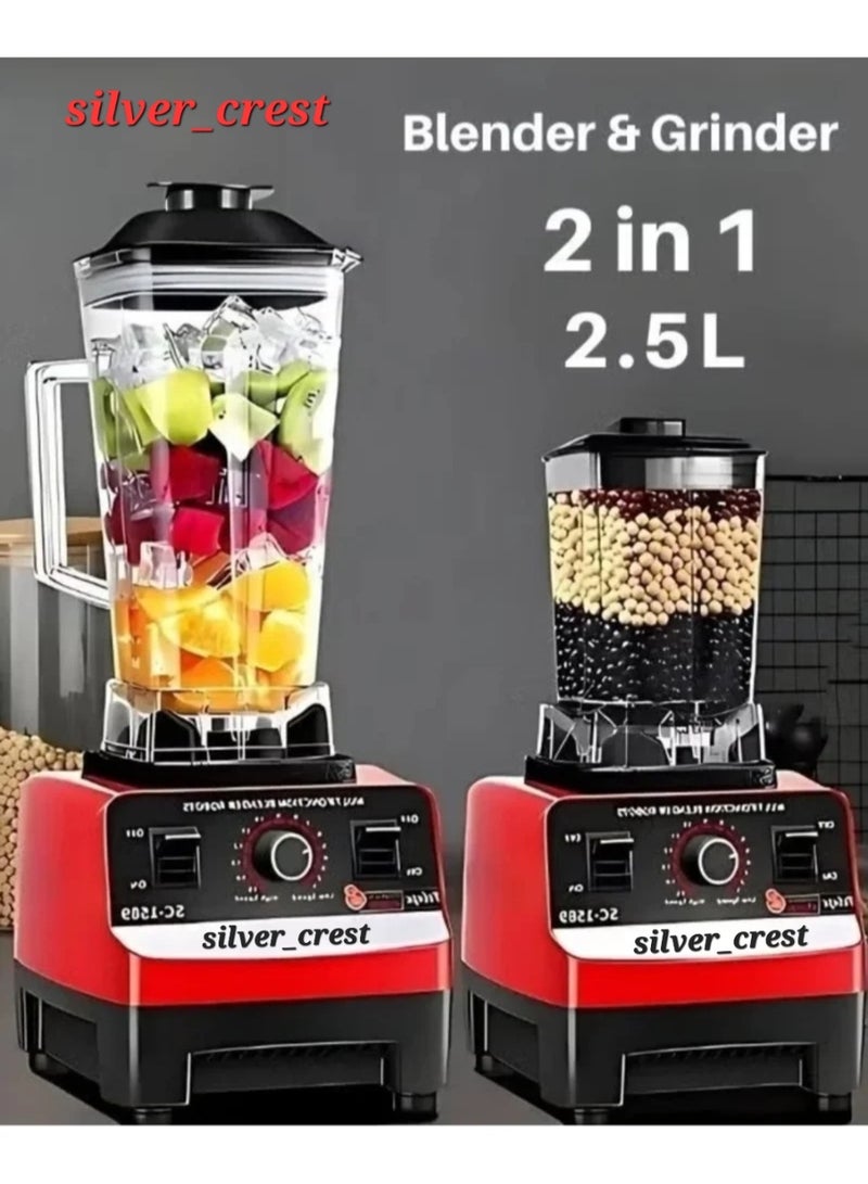 SILVER CREST Powerful Electric Blender – Professional Multi-Function 2-in-1 Electric Blender by Silver Crest with a strong grinder for grains and spices – 2.5 L Capacity – 6500W Power – Professional design for preparing juices, smoothies, milkshakes, and for crushing ice and nuts. - Image 1
