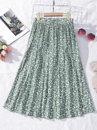 Seechoslo New 6-14 Years Girls Floral Maxi Skirt Boho Flowy A-Line Summer Midi Skirt with Elastic Waist (US, Age, 8 Years, Green) - Image 3