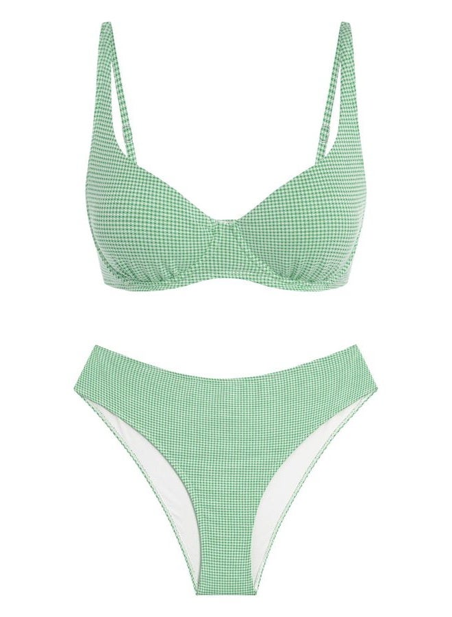 ZAFUL Womens Gingham Bikini Sets High Waisted Underwire Swimsuits Full Coverage Two Piece Swimwear Plaid Bathing Suits, Green Gingham, M - Image 1