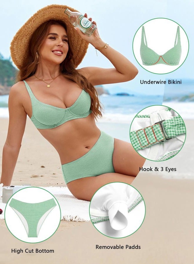 ZAFUL Womens Gingham Bikini Sets High Waisted Underwire Swimsuits Full Coverage Two Piece Swimwear Plaid Bathing Suits, Green Gingham, M - Image 4