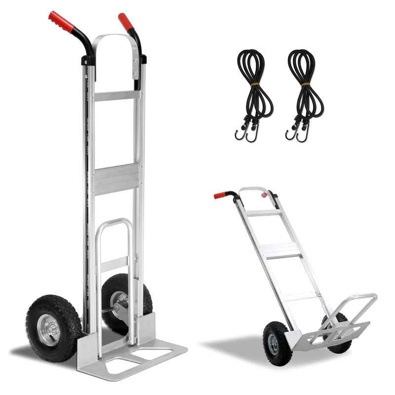 THDUGG Aluminum Hand Truck 600 LBS Capacity, Handle Heavy Duty Industrial Dolly with 10" Pneumatic Tire and 2 Elastic Cords, Platform Cart for Transport and Moving in Home, Office, Warehouse, Supermarket - Image 1