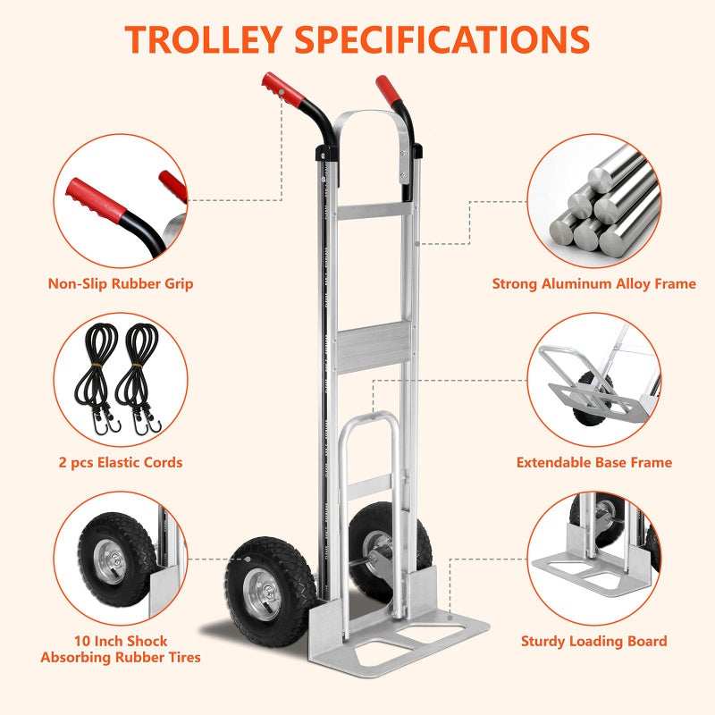 THDUGG Aluminum Hand Truck 600 LBS Capacity, Handle Heavy Duty Industrial Dolly with 10" Pneumatic Tire and 2 Elastic Cords, Platform Cart for Transport and Moving in Home, Office, Warehouse, Supermarket - Image 4