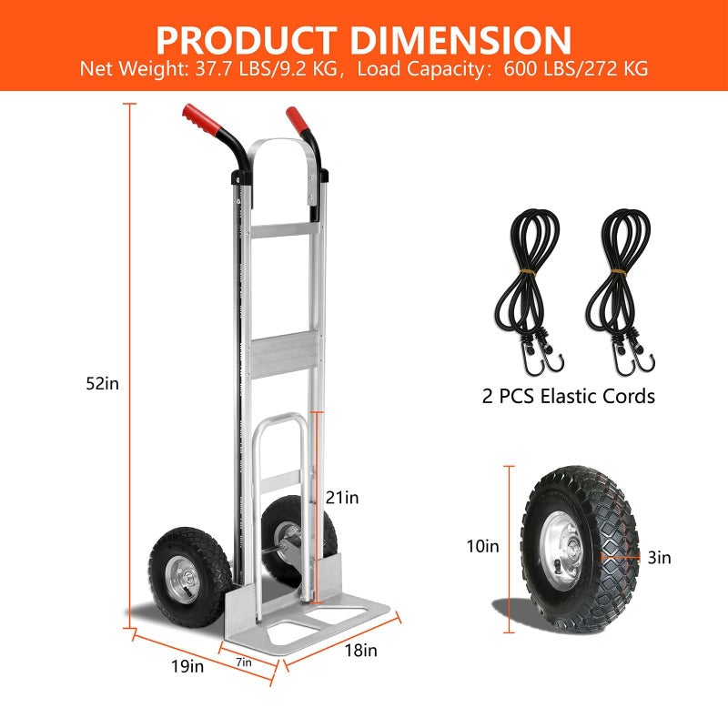 THDUGG Aluminum Hand Truck 600 LBS Capacity, Handle Heavy Duty Industrial Dolly with 10" Pneumatic Tire and 2 Elastic Cords, Platform Cart for Transport and Moving in Home, Office, Warehouse, Supermarket - Image 2