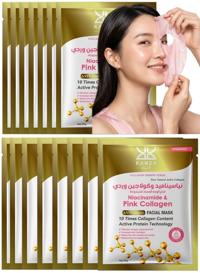 Kanza 15 Pcs Niacinamide & Pink Collagen Anti Aging Facial Mask Set ,Korean Collagen Face Mask, Hydrating Face Masks, Instant Lifting & Firming Face Mask Sheet, Moisturizing Face Mask Set,Niacinamide Masks, Real Deep Mask Daily Korean Skincare for All Skin Types 15x25g - Image 1