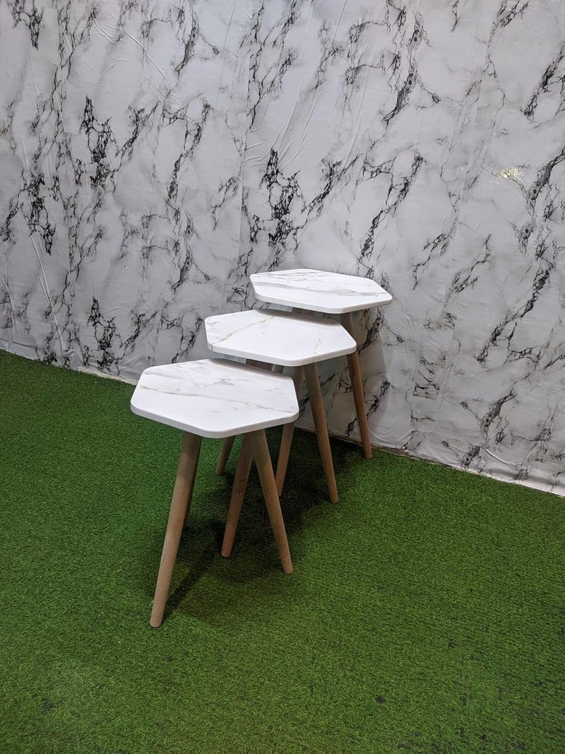 Nesting Tables Set - Modern Coffee and Side Tables with a Simple Design and Wooden Legs - Space Saving Design for the Living Room, Bedroom or Office (Hexagonal Design - 3)