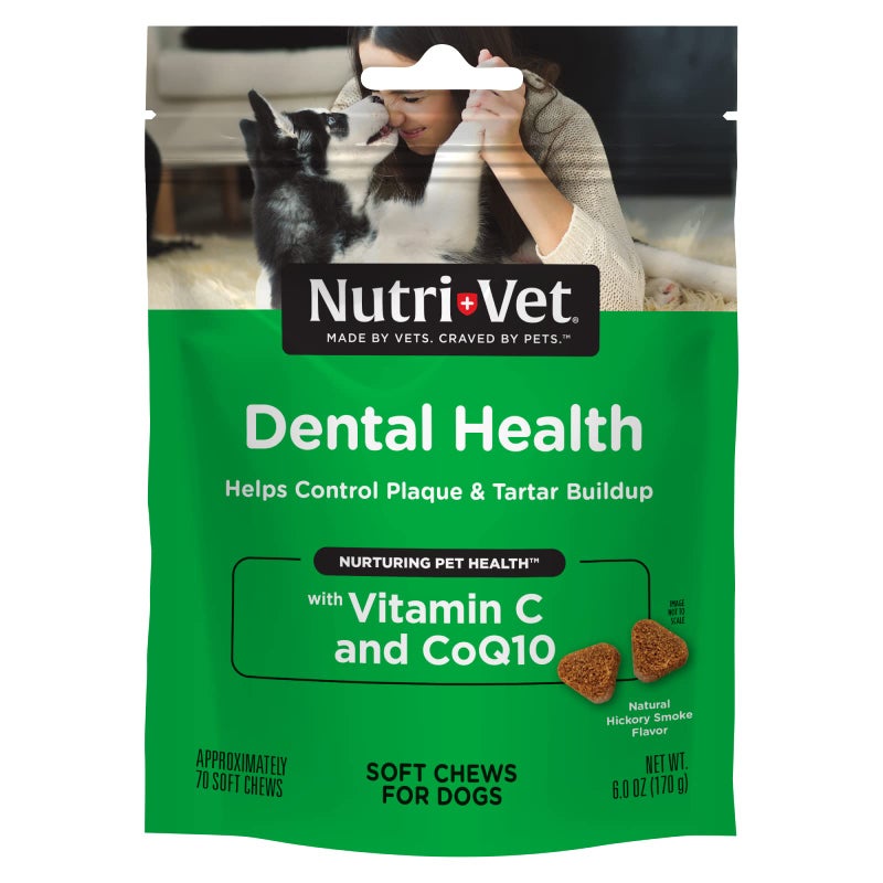 nutri vet Nutri-Vet Dental Health Soft Chews for Dogs, Puppy Essentials, Plaque Remover, Pet Supplies, Dog Breath Freshener, Promotes Healthy Teeth and Gums, Dental Chews, Natural Hickory Smoke Flavor, 70 Count - Image 1