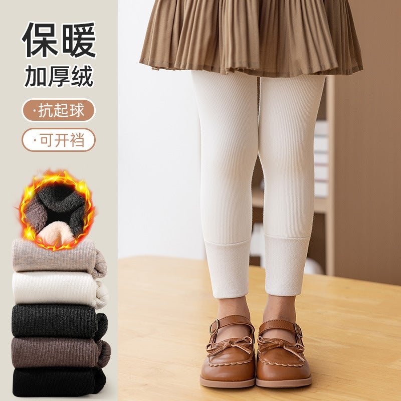 Girls' Winter Thickened Cropped Pants Korean Style Solid Color Thin Vertical Stripes Women'S Baby Plus Velvet Leggings Warm Outer Wear One-Piece Pants - Image 2
