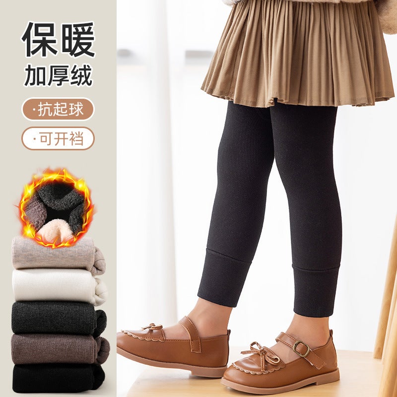 Girls' Winter Thickened Cropped Pants Korean Style Solid Color Thin Vertical Stripes Women'S Baby Plus Velvet Leggings Warm Outer Wear One-Piece Pants - Image 3