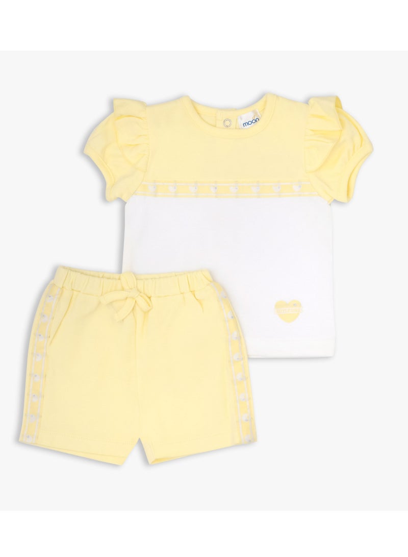 MOON 100% Cotton Short-Sleeved Top & Shorts 6-9M Yellow - Lemon Hearts - Image 1