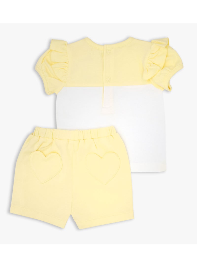 MOON 100% Cotton Short-Sleeved Top & Shorts 6-9M Yellow - Lemon Hearts - Image 2