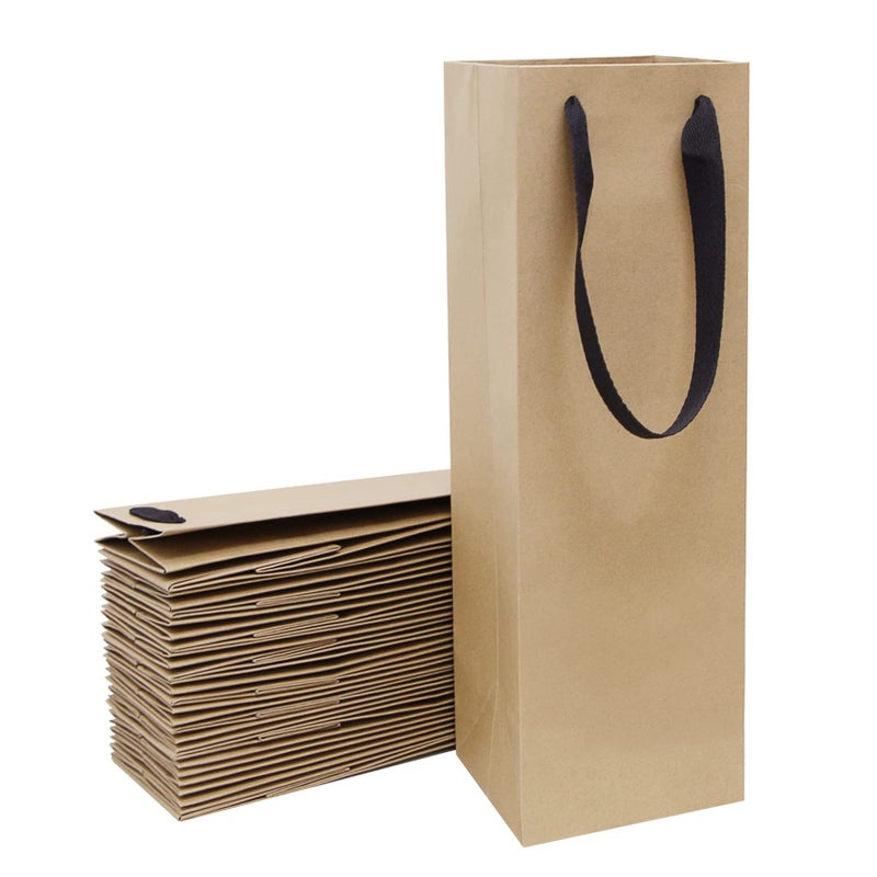 20 Pack Brown Wine Bottle Bags Bulk 4x4x14 inch Kraft Paper Gift Bags with Handles Champagne Alcohol Retail Bag