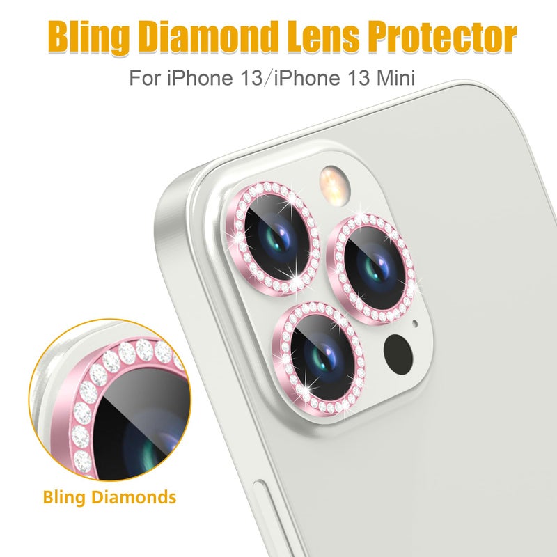 AGVEE 3+3 6 Pack for iPhone 13 Pro 6.1" / 13 Pro Max 6.7" Camera Lens Protector, Bling Diamond & Bling Glitter Metal Ring 9H Tempered HD Glass Camera Cover Film, Bling-Pink - Image 4