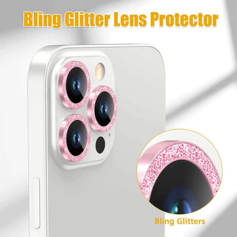 AGVEE 3+3 6 Pack for iPhone 13 Pro 6.1" / 13 Pro Max 6.7" Camera Lens Protector, Bling Diamond & Bling Glitter Metal Ring 9H Tempered HD Glass Camera Cover Film, Bling-Pink - Image 5