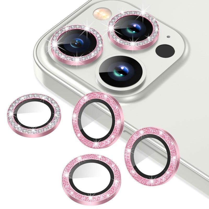 AGVEE 3+3 6 Pack for iPhone 13 Pro 6.1" / 13 Pro Max 6.7" Camera Lens Protector, Bling Diamond & Bling Glitter Metal Ring 9H Tempered HD Glass Camera Cover Film, Bling-Pink - Image 1