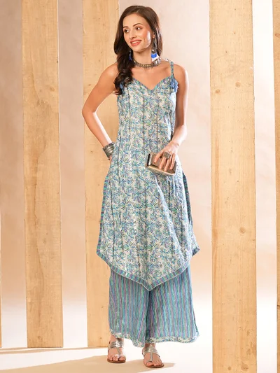 globus Women Allover Floral Printed Asymmetric Kurta-Palazzos Set