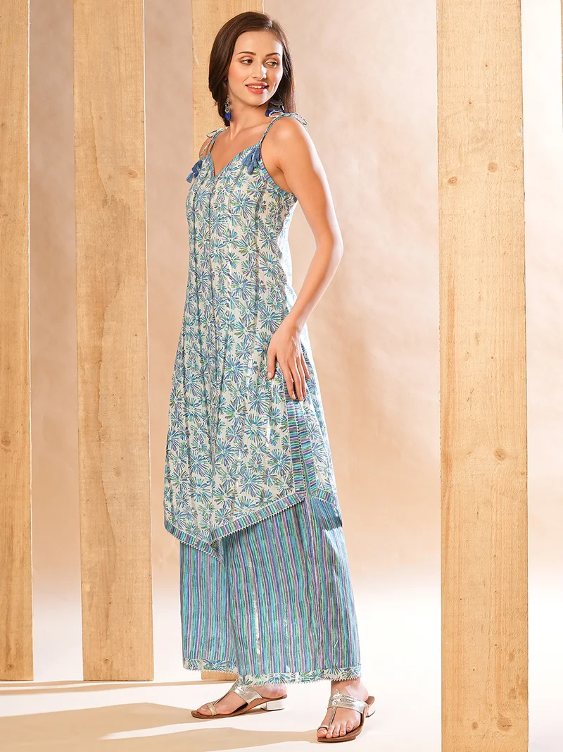 globus Women Allover Floral Printed Asymmetric Kurta-Palazzos Set