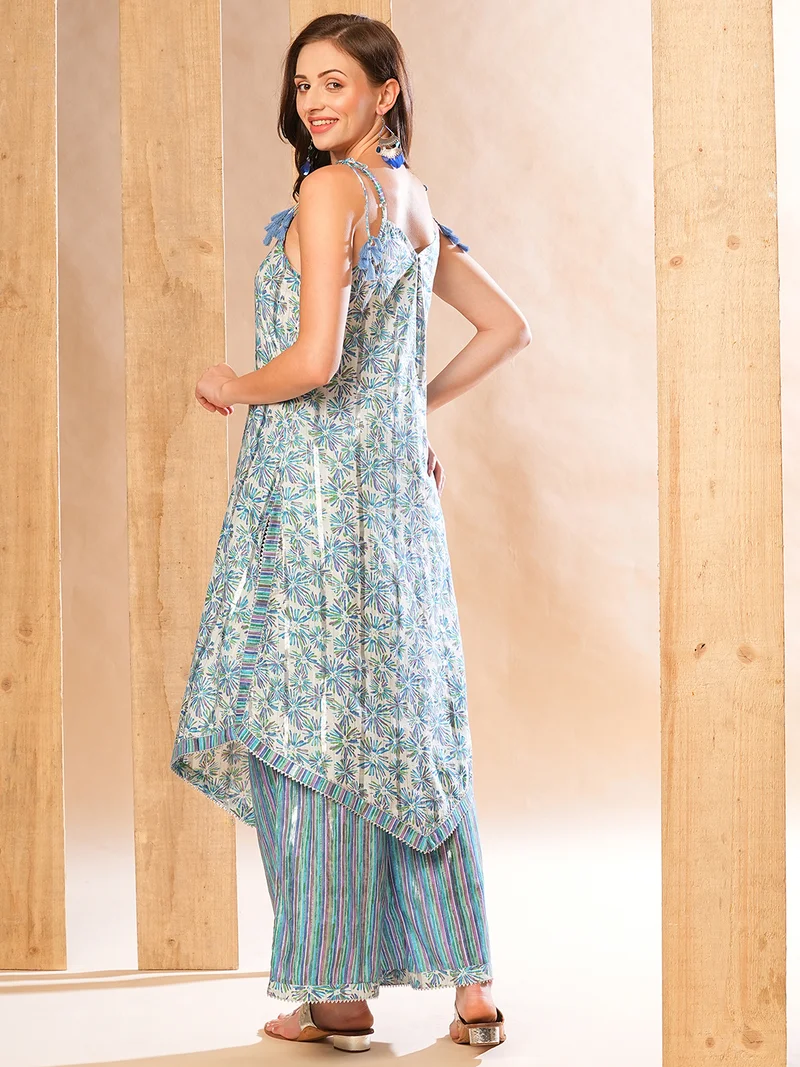 globus Women Allover Floral Printed Asymmetric Kurta-Palazzos Set