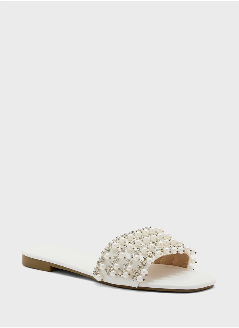 Truffle Pearl Embellished Flat Sandal