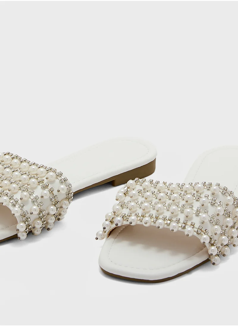 Truffle Pearl Embellished Flat Sandal