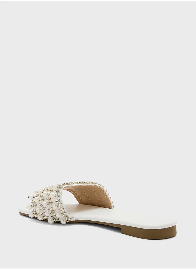 Truffle Pearl Embellished Flat Sandal