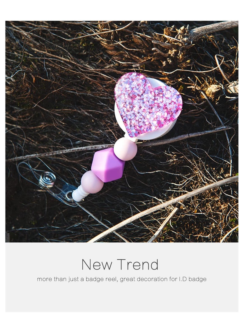 Excefore Retractable Badge Holder, 3 Pack Bling Popular Love Heart Badge Reels Retractable with Silicone Beads, Name Badge Reels Card Holder for Office Worker Teacher Doctor Nurse (Heart) - Image 4