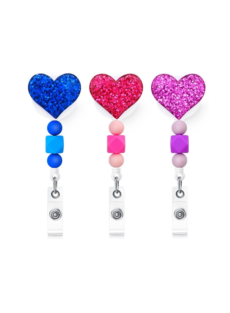 Excefore Retractable Badge Holder, 3 Pack Bling Popular Love Heart Badge Reels Retractable with Silicone Beads, Name Badge Reels Card Holder for Office Worker Teacher Doctor Nurse (Heart) - Image 1