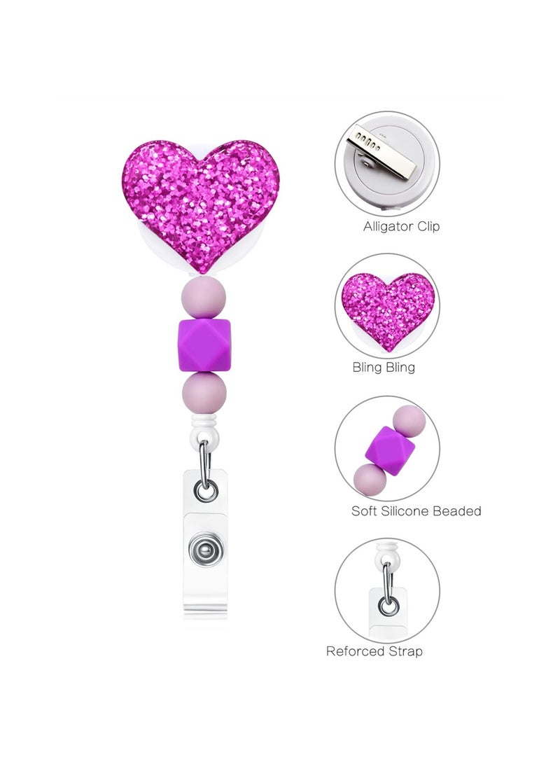Excefore Retractable Badge Holder, 3 Pack Bling Popular Love Heart Badge Reels Retractable with Silicone Beads, Name Badge Reels Card Holder for Office Worker Teacher Doctor Nurse (Heart) - Image 2