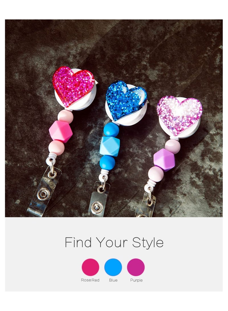Excefore Retractable Badge Holder, 3 Pack Bling Popular Love Heart Badge Reels Retractable with Silicone Beads, Name Badge Reels Card Holder for Office Worker Teacher Doctor Nurse (Heart) - Image 3