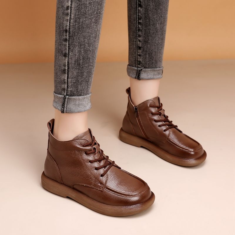 Genuine Leather Wool Short Boots Boots Flat Mother Fleece-Lined Vintage Non-Slip Martin - Image 1