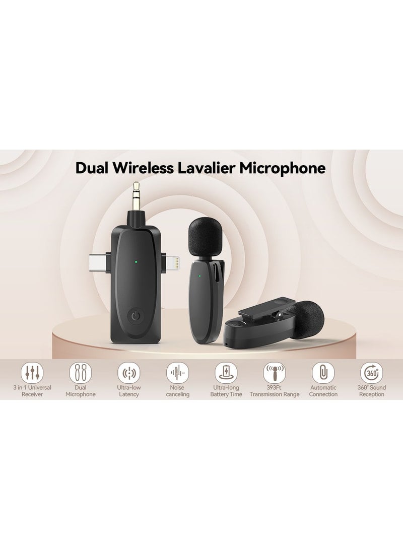 3-in-1 Wireless Lavalier Microphone for iPhone, Android, Camera and Laptop, 2.4G Ultra-Low Delay Double Mini Microphone Lapel Mic with Noise Reduction for Video Recording, Vlog, YouTube, TikTok