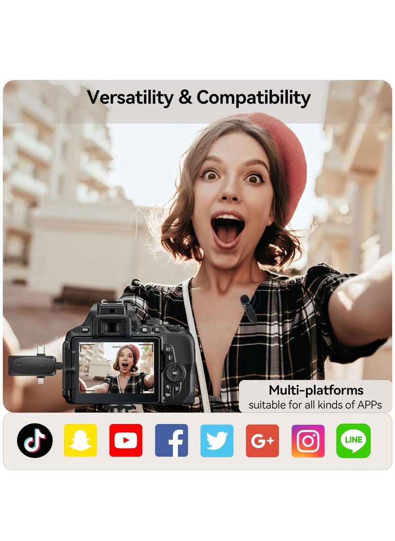 3-in-1 Wireless Lavalier Microphone for iPhone, Android, Camera and Laptop, 2.4G Ultra-Low Delay Double Mini Microphone Lapel Mic with Noise Reduction for Video Recording, Vlog, YouTube, TikTok