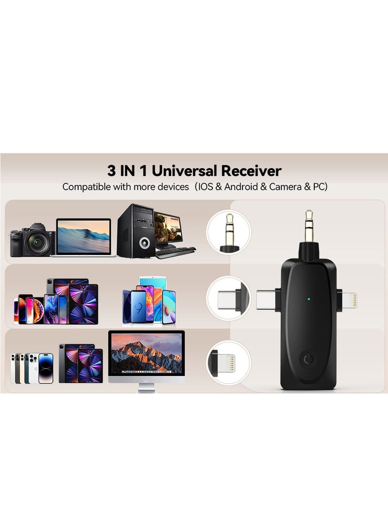 3-in-1 Wireless Lavalier Microphone for iPhone, Android, Camera and Laptop, 2.4G Ultra-Low Delay Double Mini Microphone Lapel Mic with Noise Reduction for Video Recording, Vlog, YouTube, TikTok