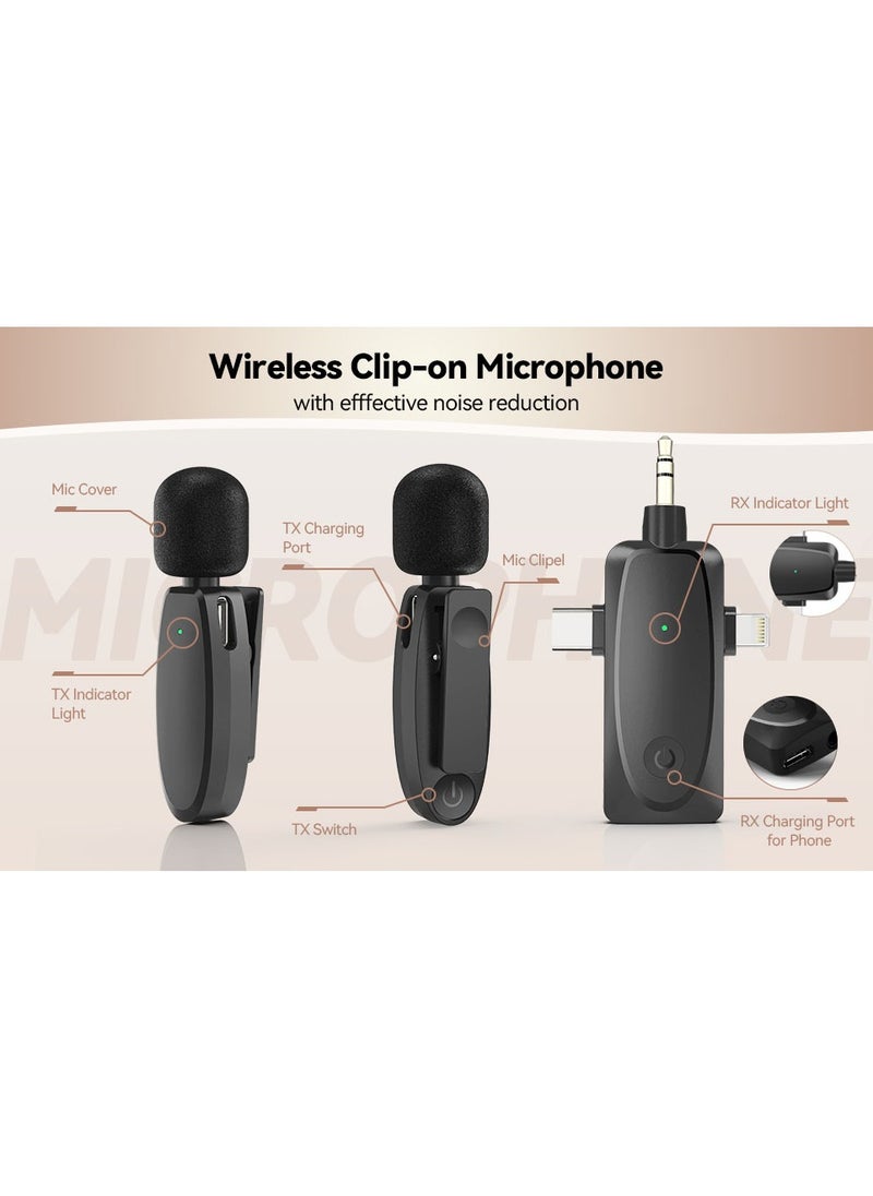 3-in-1 Wireless Lavalier Microphone for iPhone, Android, Camera and Laptop, 2.4G Ultra-Low Delay Double Mini Microphone Lapel Mic with Noise Reduction for Video Recording, Vlog, YouTube, TikTok