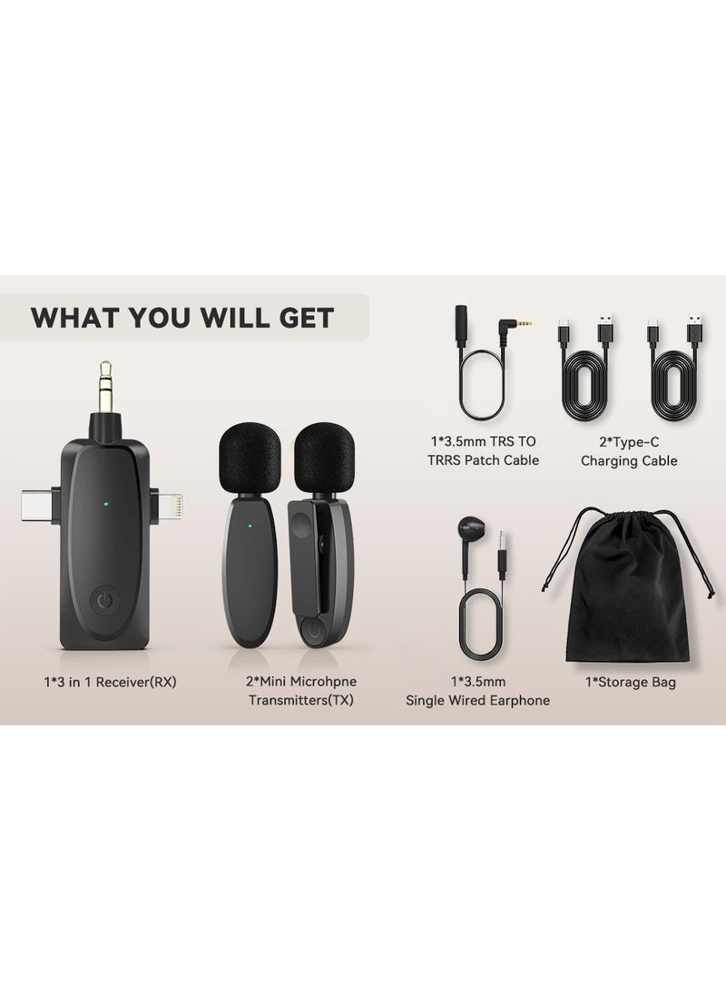 3-in-1 Wireless Lavalier Microphone for iPhone, Android, Camera and Laptop, 2.4G Ultra-Low Delay Double Mini Microphone Lapel Mic with Noise Reduction for Video Recording, Vlog, YouTube, TikTok