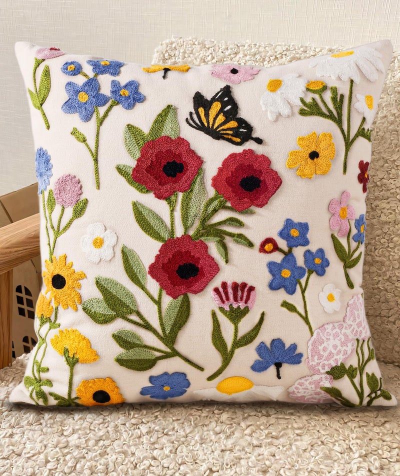 Kokaaee Embroidered Throw Pillow Cover 20x20 Inch - Spring Summer Boho Decorative Pillow Cover with Zipper for Living Room Couch Sofa Bed Aesthetic Design Retro Flower Cushion Pillowcase - Image 1