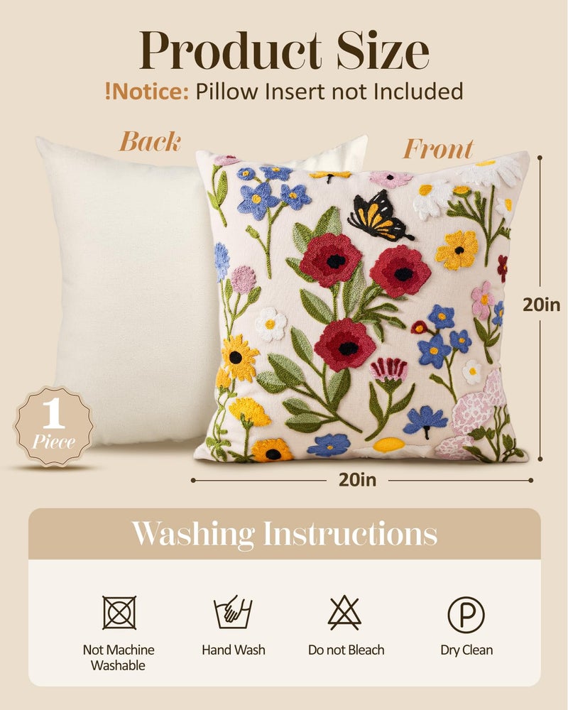 Kokaaee Embroidered Throw Pillow Cover 20x20 Inch - Spring Summer Boho Decorative Pillow Cover with Zipper for Living Room Couch Sofa Bed Aesthetic Design Retro Flower Cushion Pillowcase - Image 4