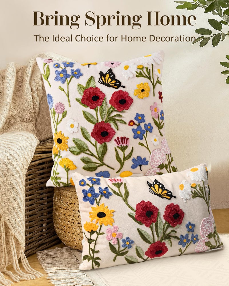 Kokaaee Embroidered Throw Pillow Cover 20x20 Inch - Spring Summer Boho Decorative Pillow Cover with Zipper for Living Room Couch Sofa Bed Aesthetic Design Retro Flower Cushion Pillowcase - Image 5
