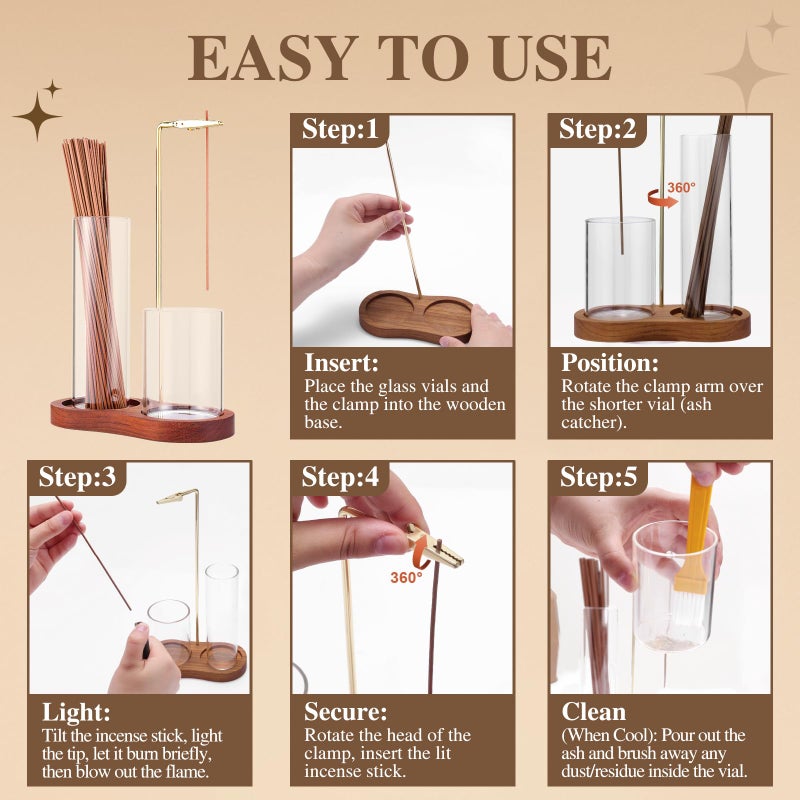 Zeefpod 2 in 1 Incense Holder for Sticks with Glass Ash Catcher, Upside Down Anti-Ash Incense Stick Burner, Modern Vertical Incense Holder for Yoga, Spa, Meditation and Home Decor Reddish Brown - Image 3