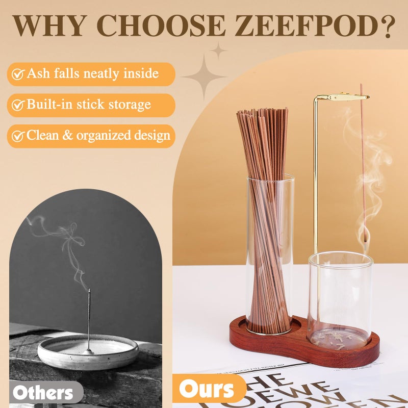 Zeefpod 2 in 1 Incense Holder for Sticks with Glass Ash Catcher, Upside Down Anti-Ash Incense Stick Burner, Modern Vertical Incense Holder for Yoga, Spa, Meditation and Home Decor Reddish Brown - Image 4