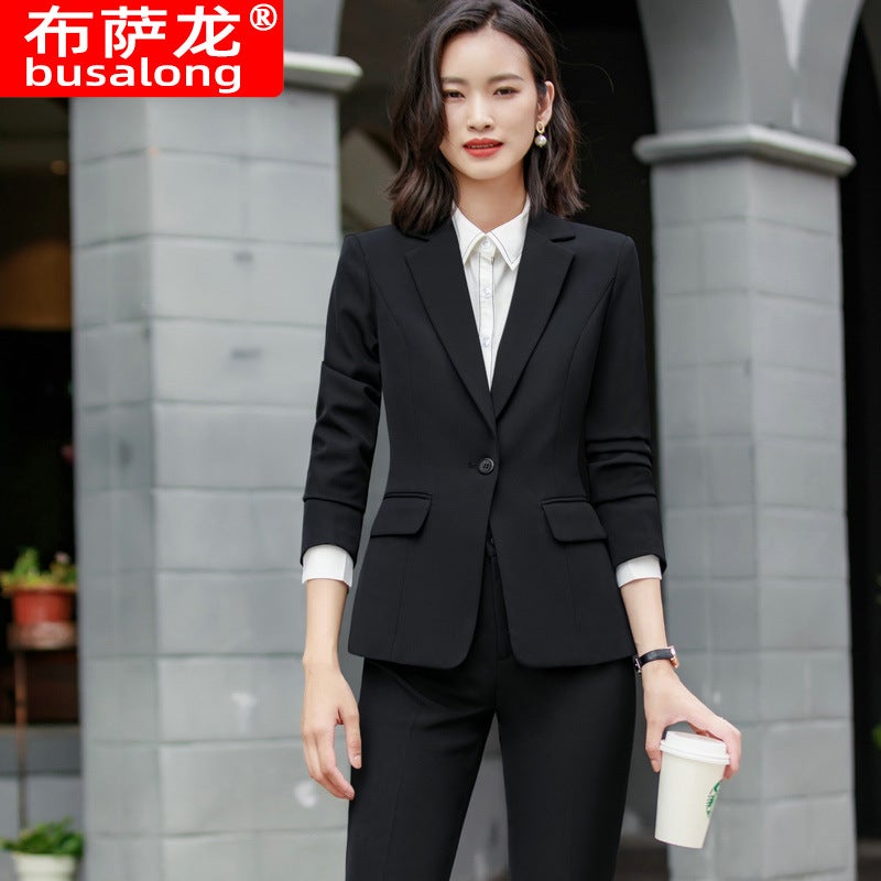 busalong Korean Womens Long Sleeve Professional Suit Formal Pants Suit Interview Sales Work Clothes 1605 Black Coat 
