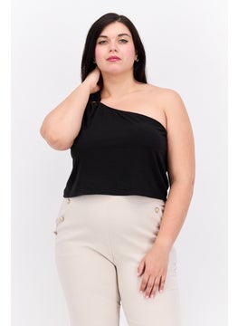 Love Fire Women Asymmetrical Neck One Shoulder Sleeve Plain Top, Black  - Image 1