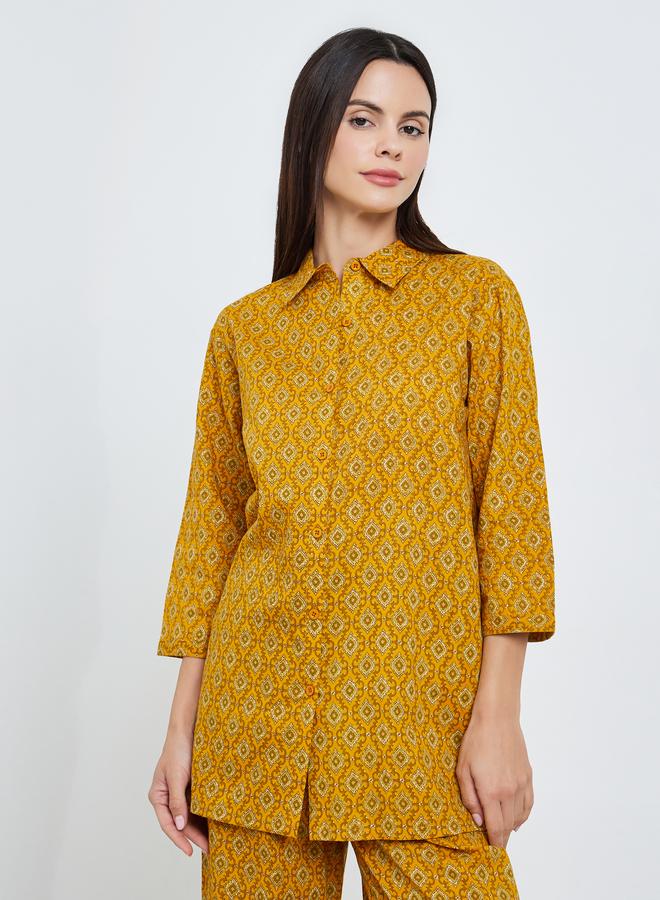 Styli Geo Longline Cotton Shirt and Wide Leg Pyjama Set - Image 2