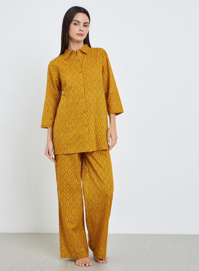 Styli Geo Longline Cotton Shirt and Wide Leg Pyjama Set - Image 1