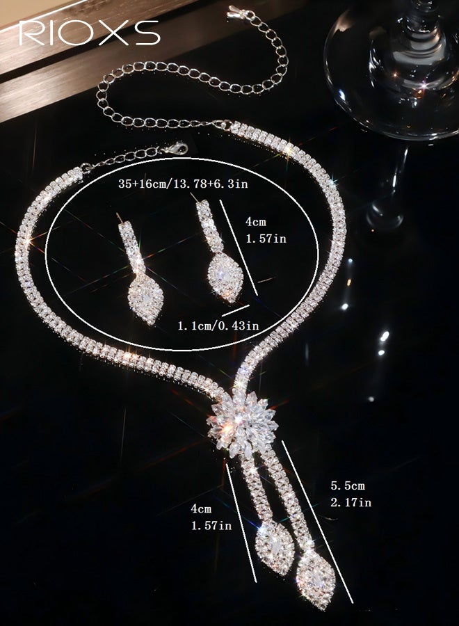 RIOXS 2 Pcs Rhinestone Jewelry Set for Women, Silver Glitter Flower Crystal Earrings and Necklaces, Sparkly Dainty Costume Wedding Party Jewelry Set for Bride, Bridesmaid, Mom, Girlfriend, Sister and Your Loved - Image 2
