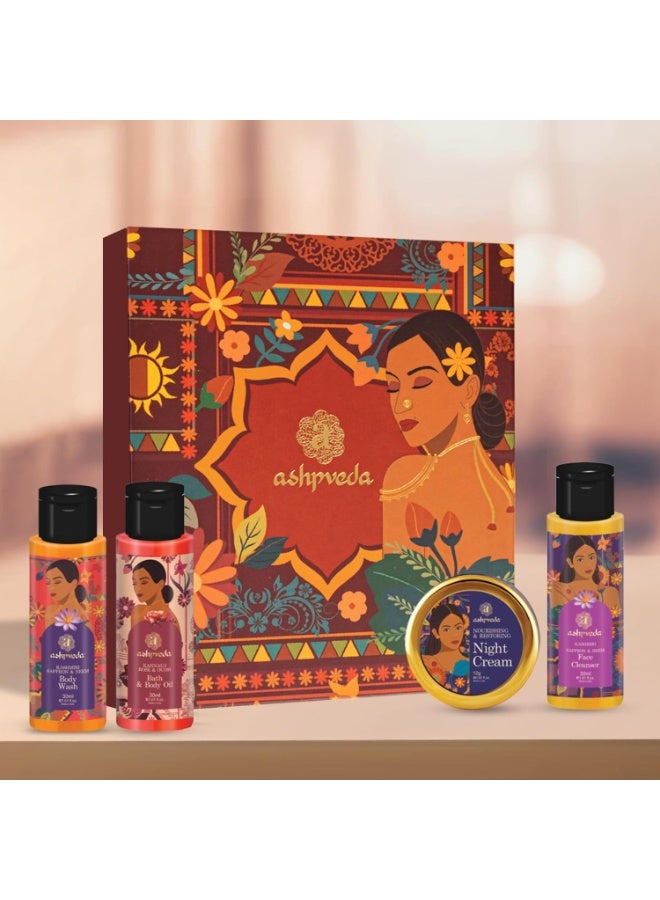 Ashpveda Elegance Gift Box | Skin & Body Care Kit – Night Cream12g, Body Wash30ml, Body Oil30ml, Face Wash30ml – Travel Size Pack - Image 1