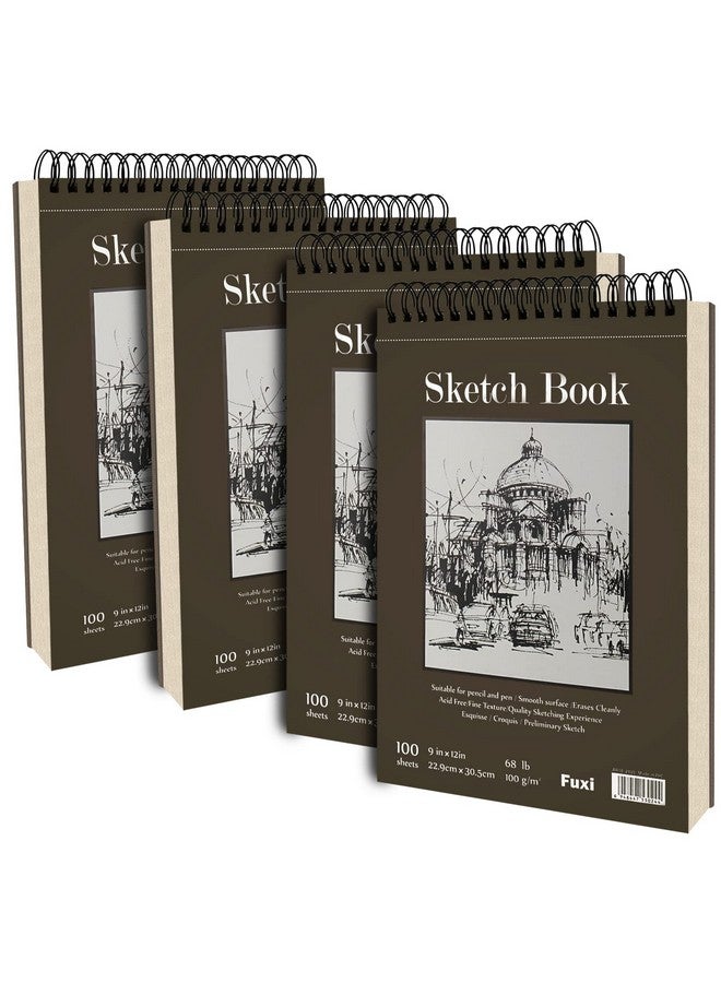 Fuxi دفتر رسم 9 × 12 بوصة، دفتر رسم حلزوني علوي، 4 عبوات 100 ورقة لكل منها (68 رطل/100 جرام)، دفتر رسم فني خالي من الأحماض للرسم الفني والكتابة للأطفال والبالغين والمبتدئين والفنانين - Image 1
