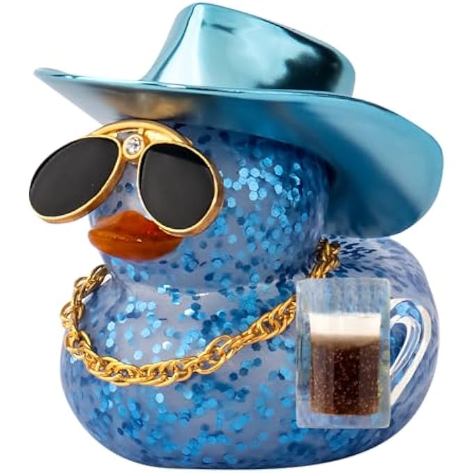 wonuu Car Decorations Beer Rubber Ducks, Dashboard Rubber Ducky for Car Ornament Cute Duck with Laser Cowboy Hat, Glasses, Necklace, Brown Beer-Blue - Image 1