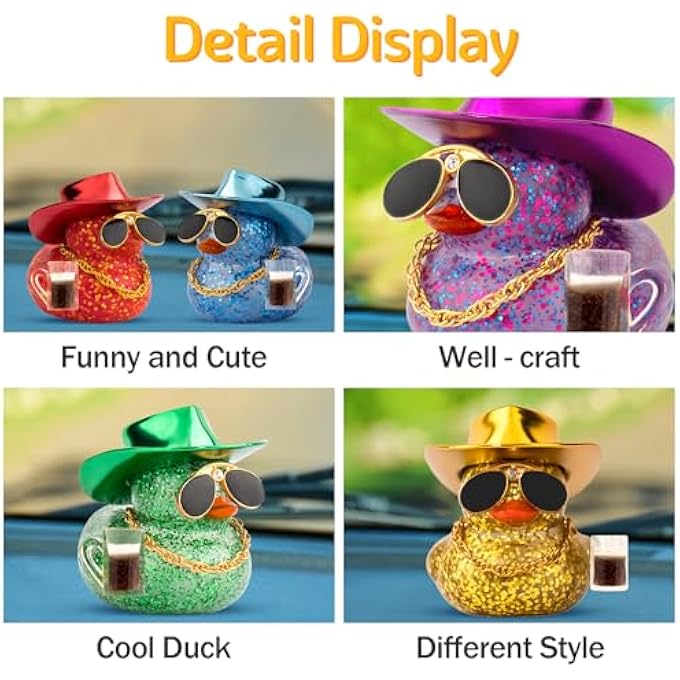 wonuu Car Decorations Beer Rubber Ducks, Dashboard Rubber Ducky for Car Ornament Cute Duck with Laser Cowboy Hat, Glasses, Necklace, Brown Beer-Blue - Image 4