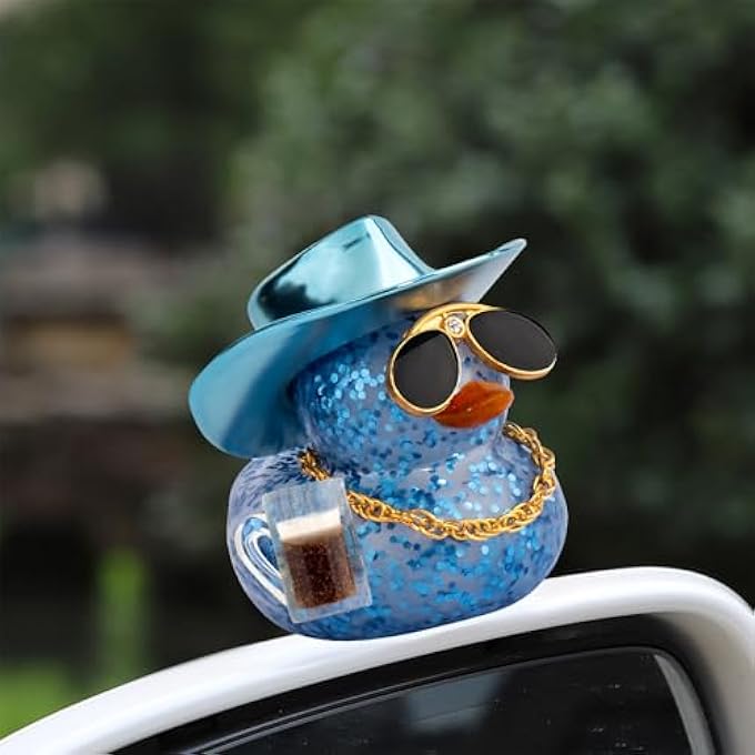 wonuu Car Decorations Beer Rubber Ducks, Dashboard Rubber Ducky for Car Ornament Cute Duck with Laser Cowboy Hat, Glasses, Necklace, Brown Beer-Blue - Image 3